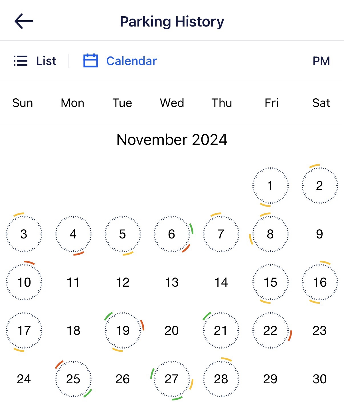 Trucker Path parking history calendar